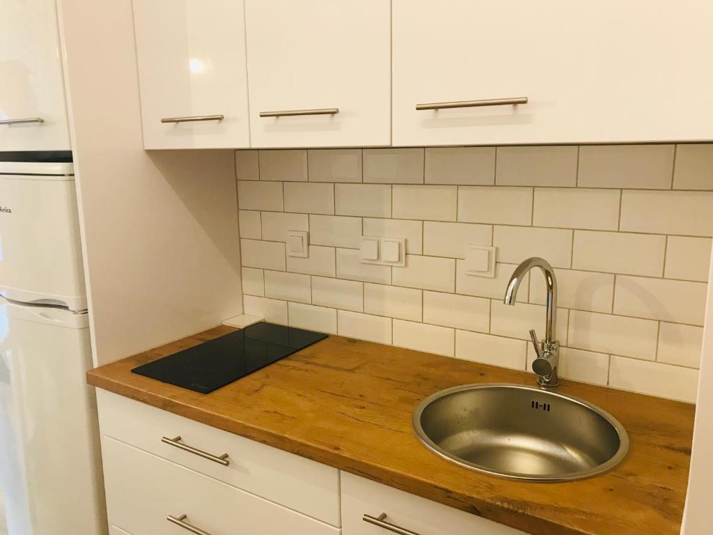 a kitchen with a sink and a refrigerator at Apt Pawia in Warsaw