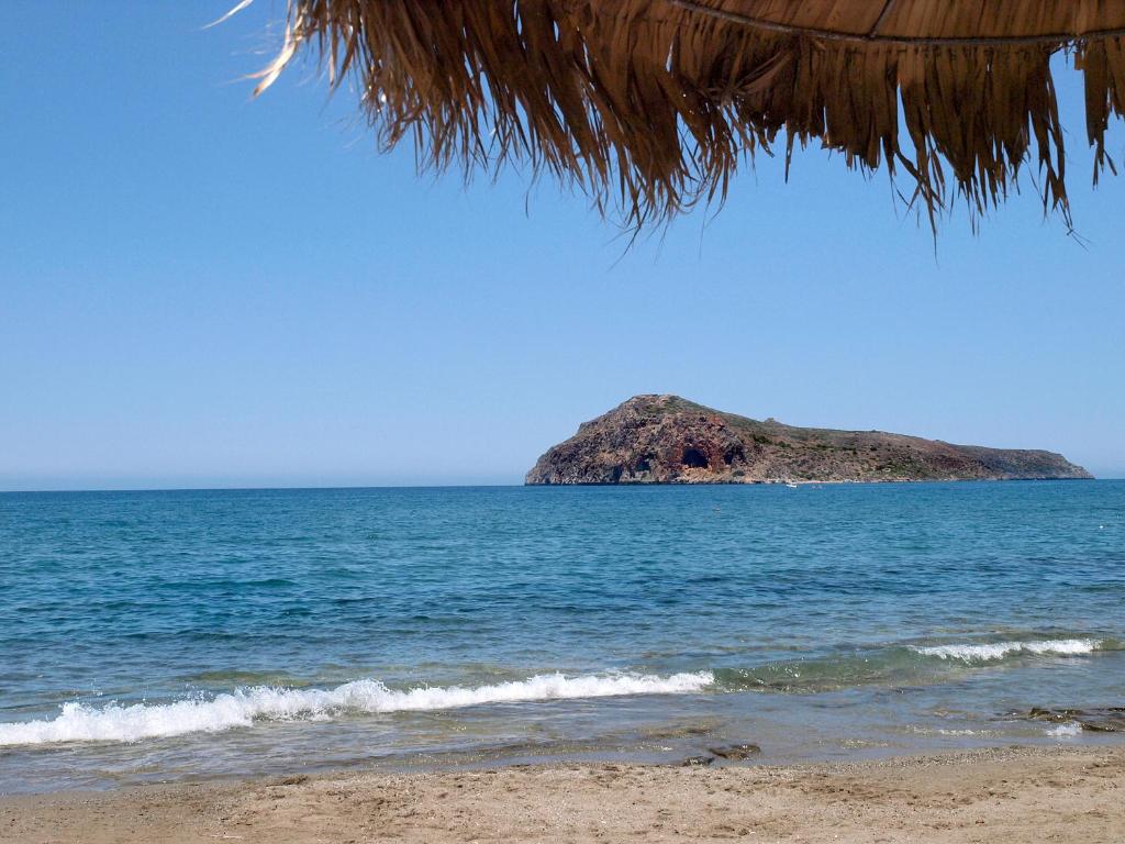a beach with an island in the ocean at Despina Studios in Agia Marina Nea Kydonias