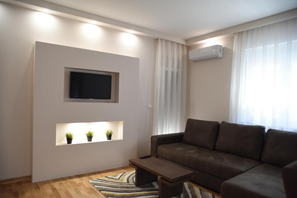 Una sala de estar con un sofá y un televisor. en Vrnjacka Idila, en Vrnjačka Banja