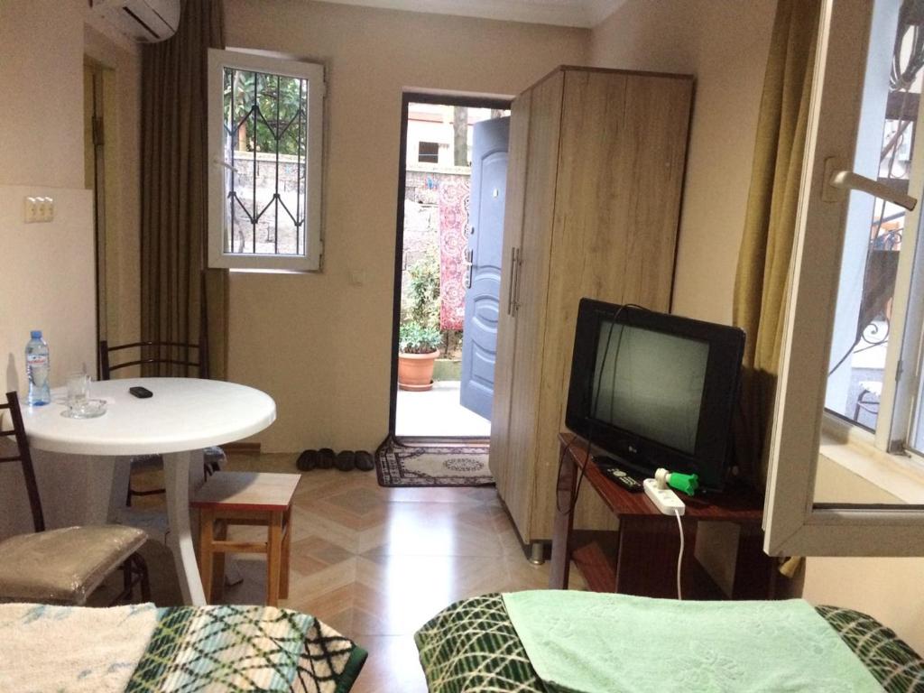 - un salon avec une télévision, une table et une table dans l'établissement Batumi Guesthouse 28a, à Batoumi