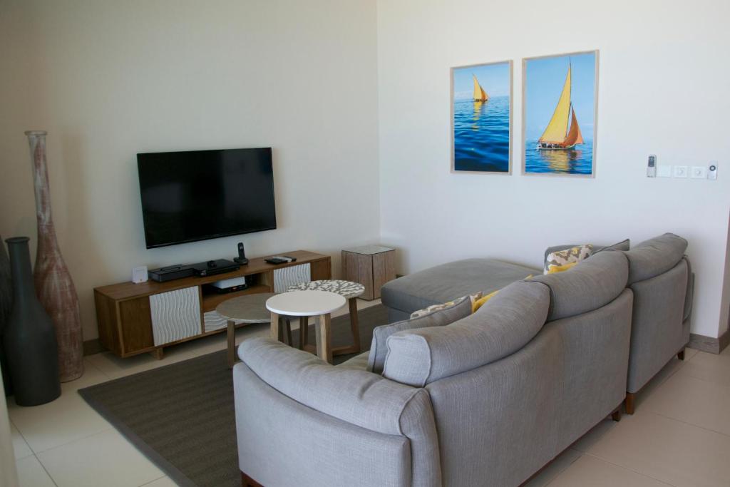 a living room with a couch and a tv at Pointe d'Esny Beachfront Luxury Apartment in Pointe d'Esny