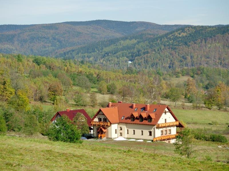 a large house with a red roof in a field at Gorski Potok in Stronie Śląskie