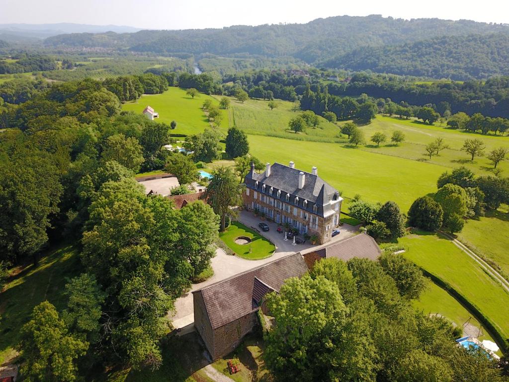 an aerial view of a large house in a field at Château de La Grèze in Beaulieu-sur-Dordogne