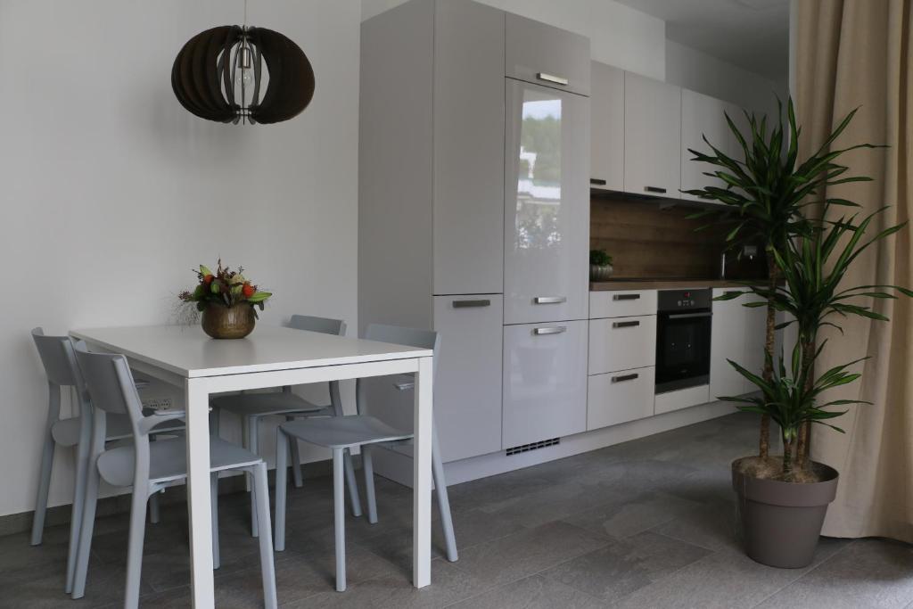 une cuisine avec des placards blancs et une table et des chaises blanches dans l'établissement Appartment Larcher - Manzoni, à Merano
