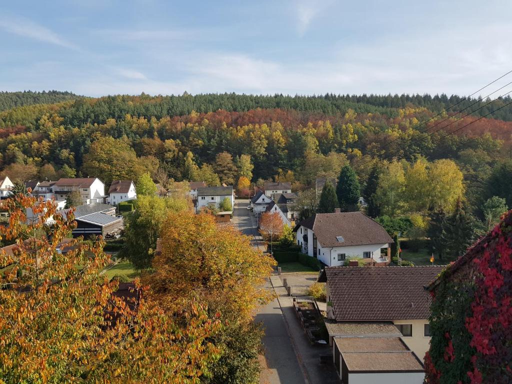 eine Luftansicht einer Kleinstadt im Herbst in der Unterkunft Landgasthaus Klosterhof in Fischbach