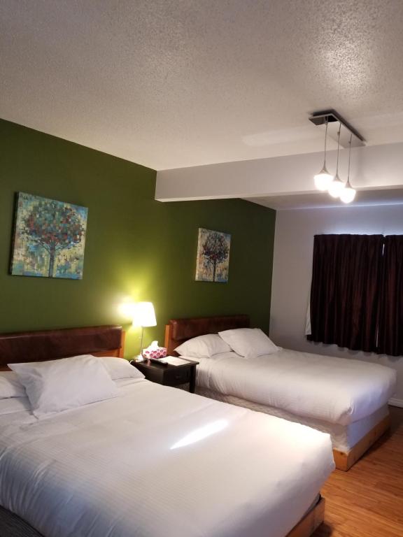 2 camas en una habitación de hotel con paredes verdes en Sun Plaza Motel en Sundre