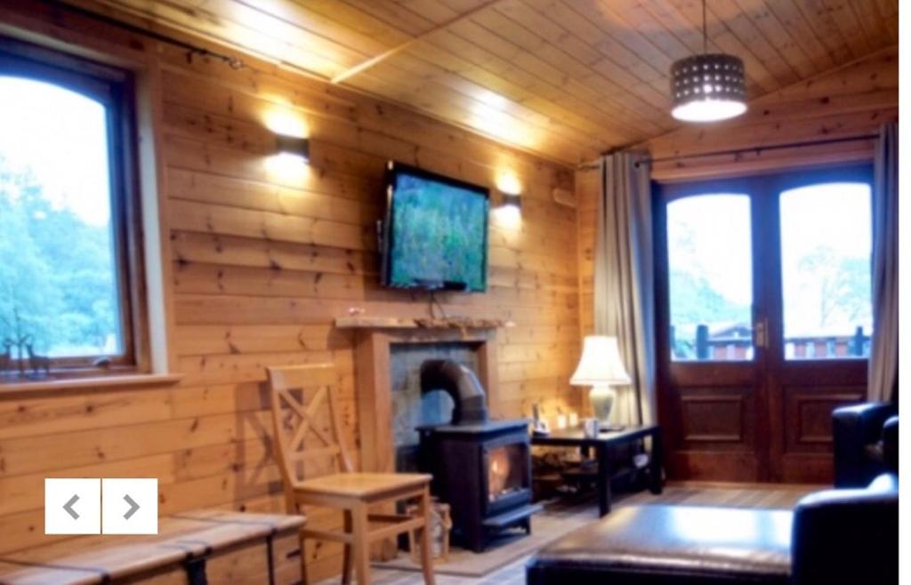 a living room with a fireplace and a tv on the wall at Caol Gleann Lodge in Rowardennan