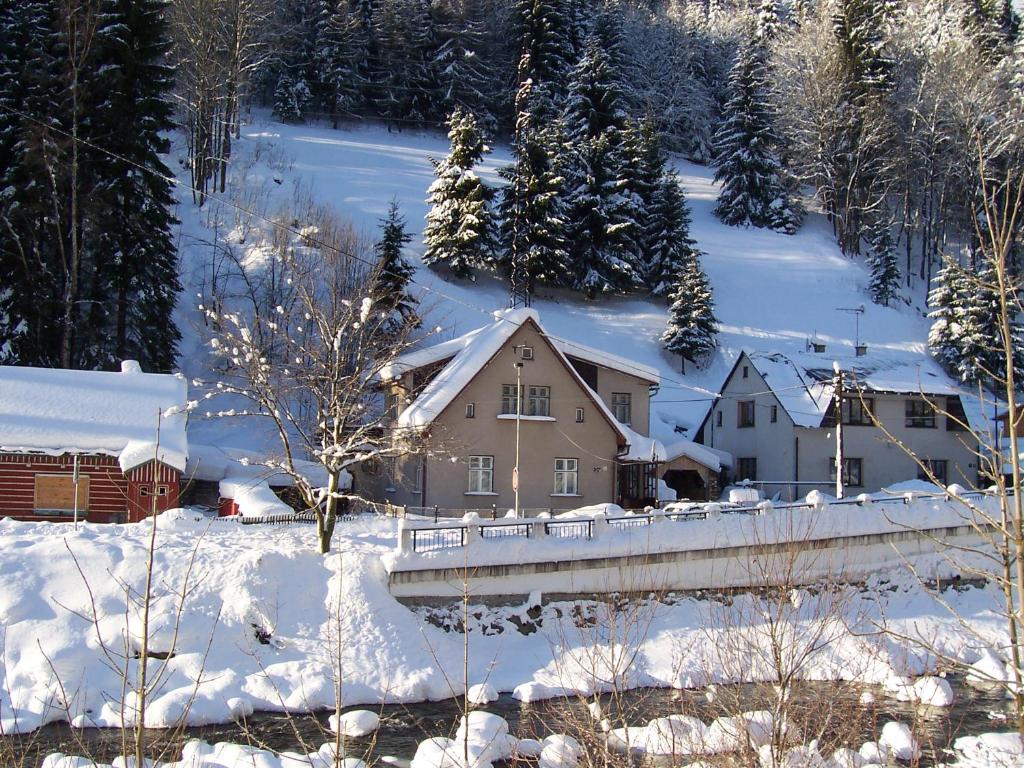 une maison dans la neige avec un pont dans l'établissement Holiday Villa Herlikovice, à Vrchlabí