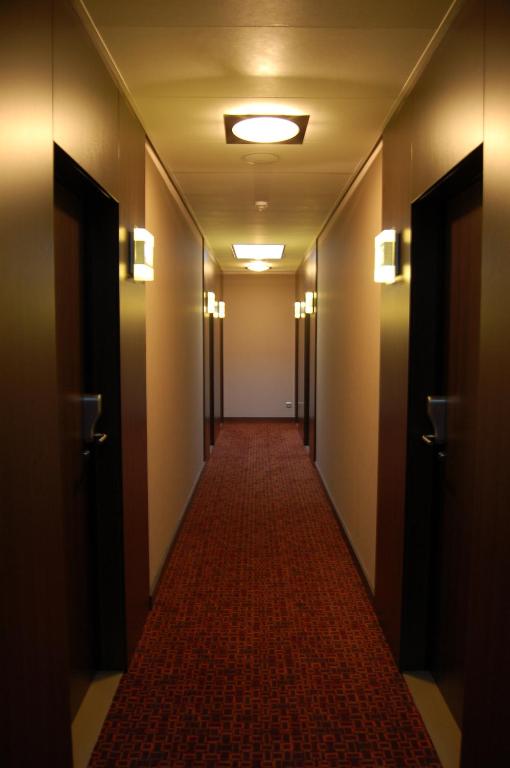 a hallway of a hotel with a red carpet at Biznis Hotel in Lokeren