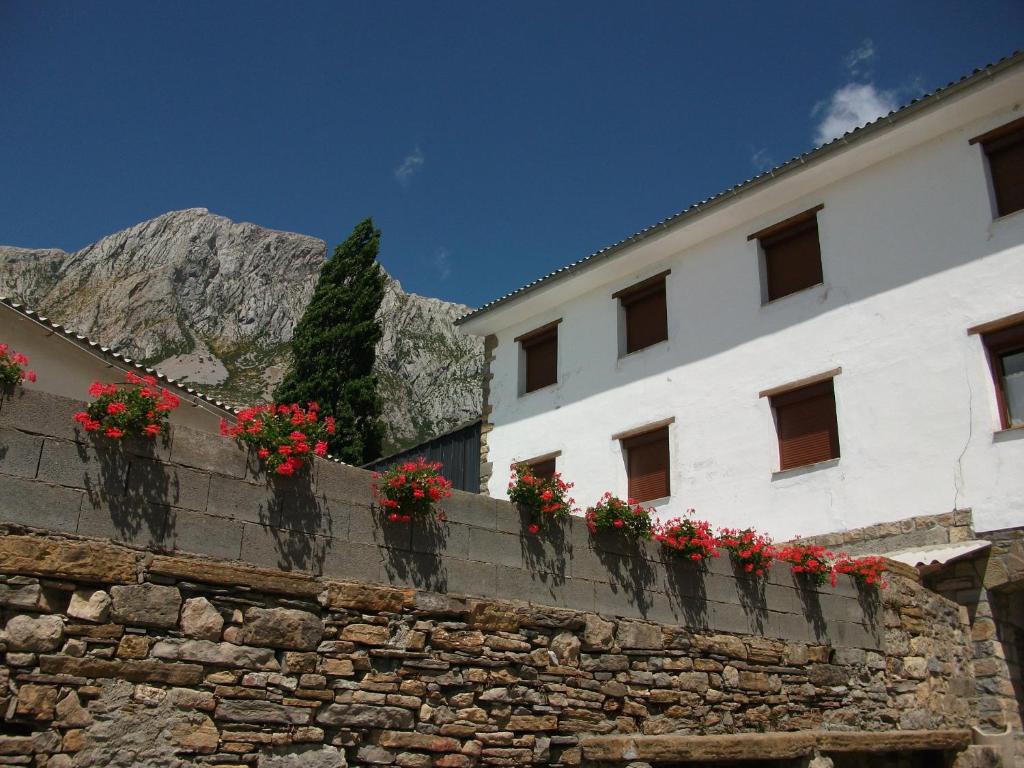 un edificio con flores rojas en una pared de piedra en Apartamentos Arcos de Solana, en Vilas del Turbón