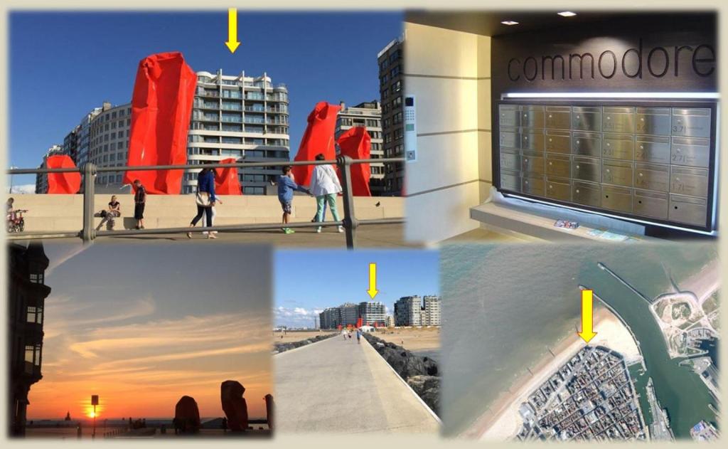 a collage of photos of people walking on the beach at Panoramic view on beach, ships, sea - place to be in Ostend