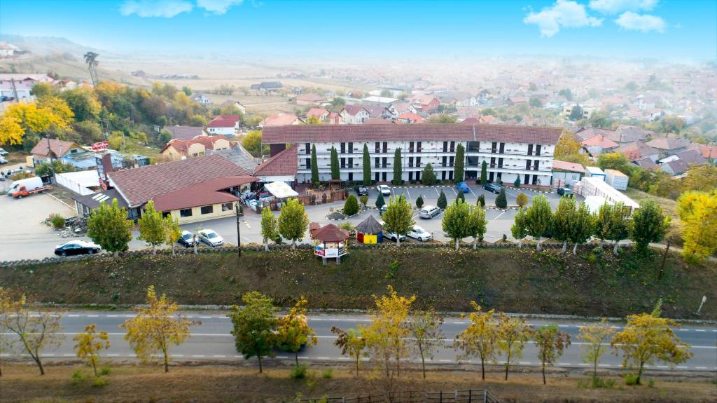 an aerial view of a building on a hill at Motel Dacia in Sebeş