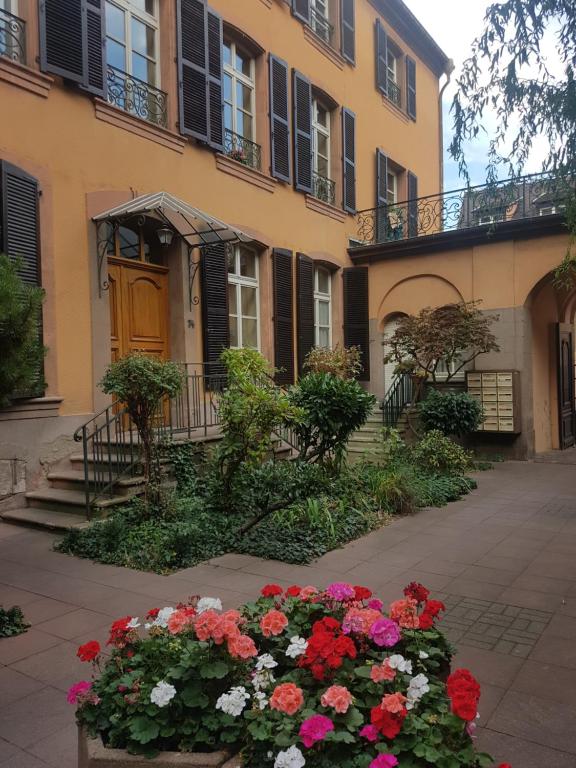 a garden filled with lots of flowers next to a building at Appartement avec garage Colmar Centre Historique in Colmar