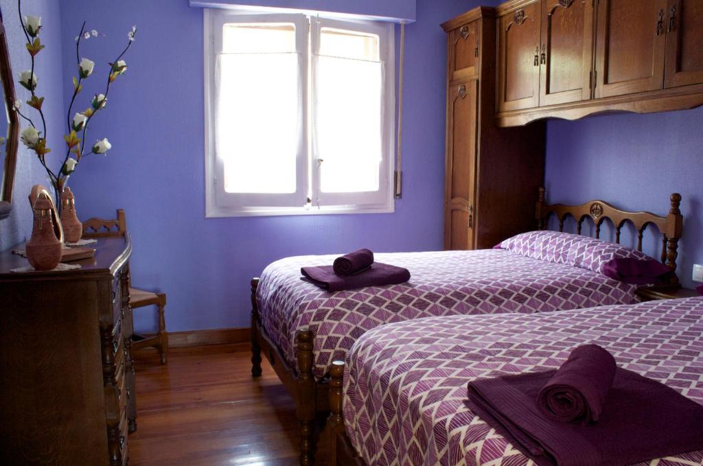 Duas camas num quarto com paredes roxas e uma janela. em Apartamento Mendi em Lizarraga