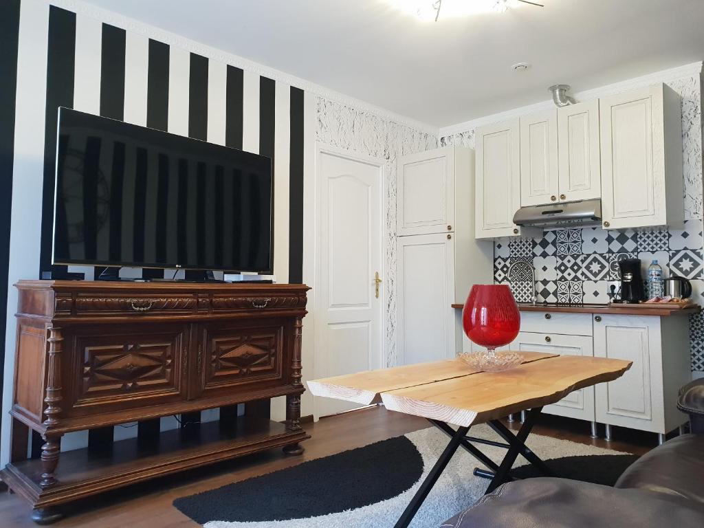 ボルドーにあるAppartement Centre Bordeaux avec Garage sur demandeのリビングルーム(薄型テレビ、テーブル付)