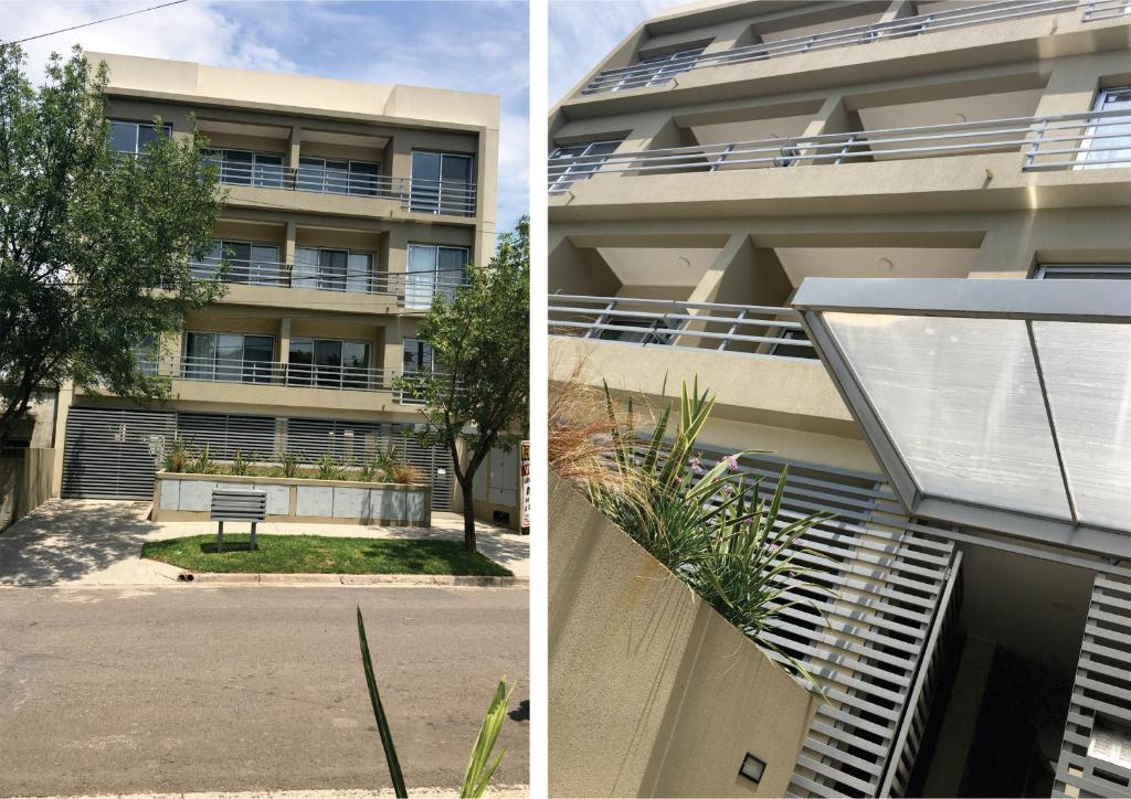 zwei Bilder eines Gebäudes mit Glasfassade in der Unterkunft Departamentos Reibel in Colón