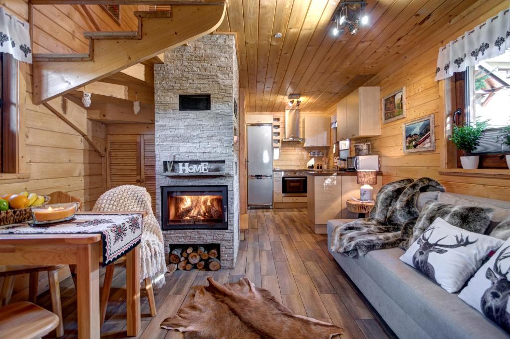 a living room with a fireplace in a log cabin at Willa Kasprowy in Zakopane