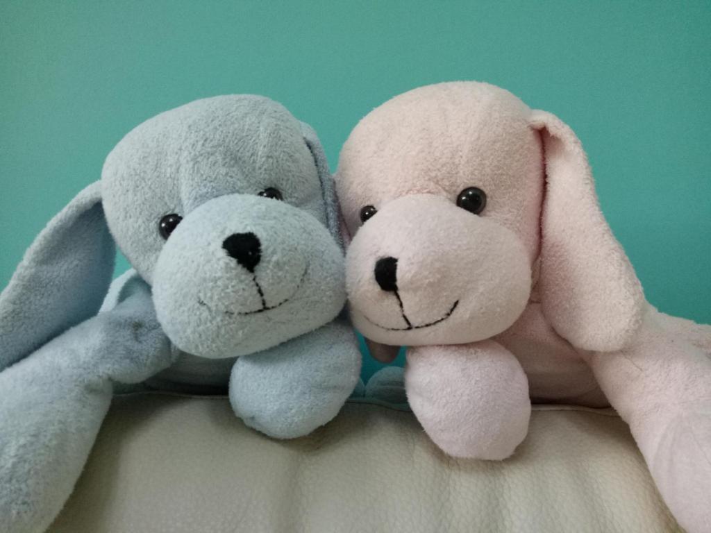 two stuffed animals sitting on top of a bed at Sunny Sun B&amp;B in Taitung City