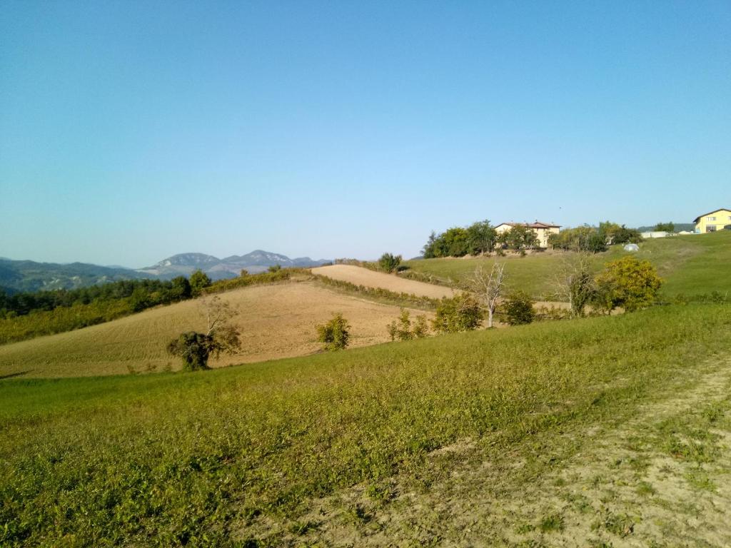 un campo de colinas verdes con un camino de tierra en Agriturismo Marzolara., en Monzuno