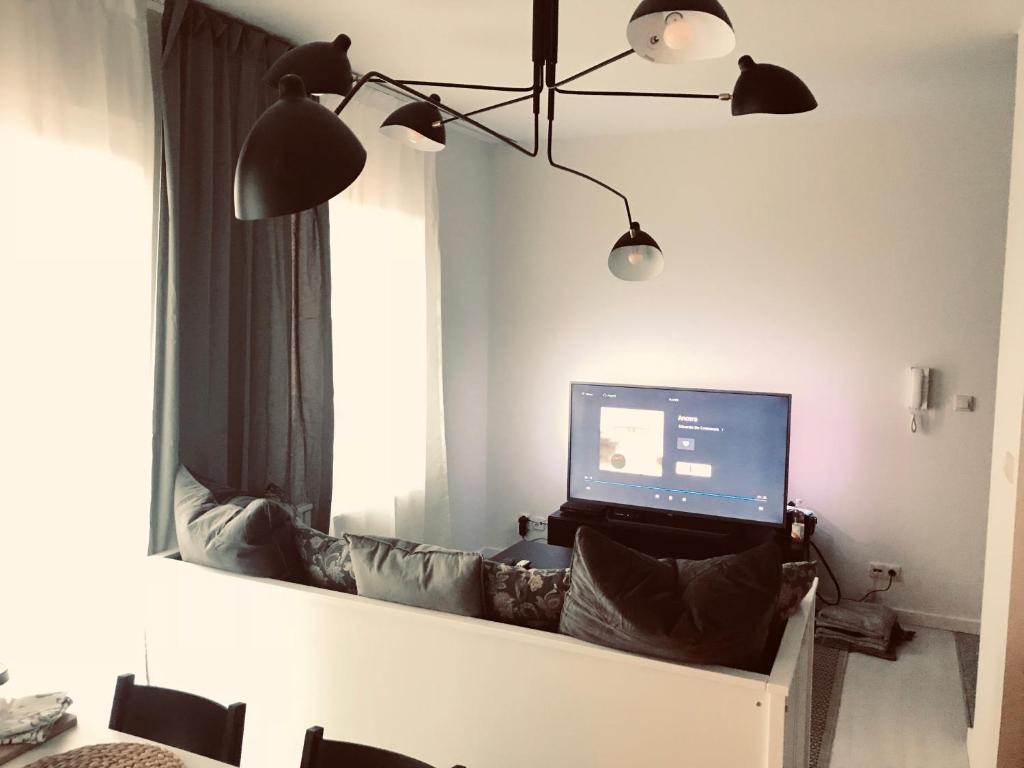 Televízia a/alebo spoločenská miestnosť v ubytovaní Apartament Bulwary Warty