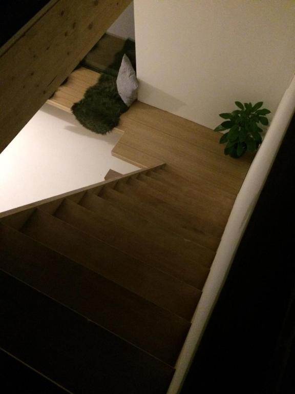 a staircase with a wooden floor and a plant at Nelly in Ypres
