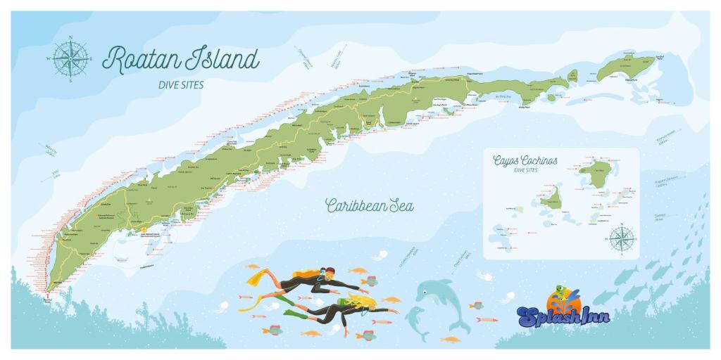 a map of the dominican island of islands at Splash Inn Dive Resort & Villas in West End