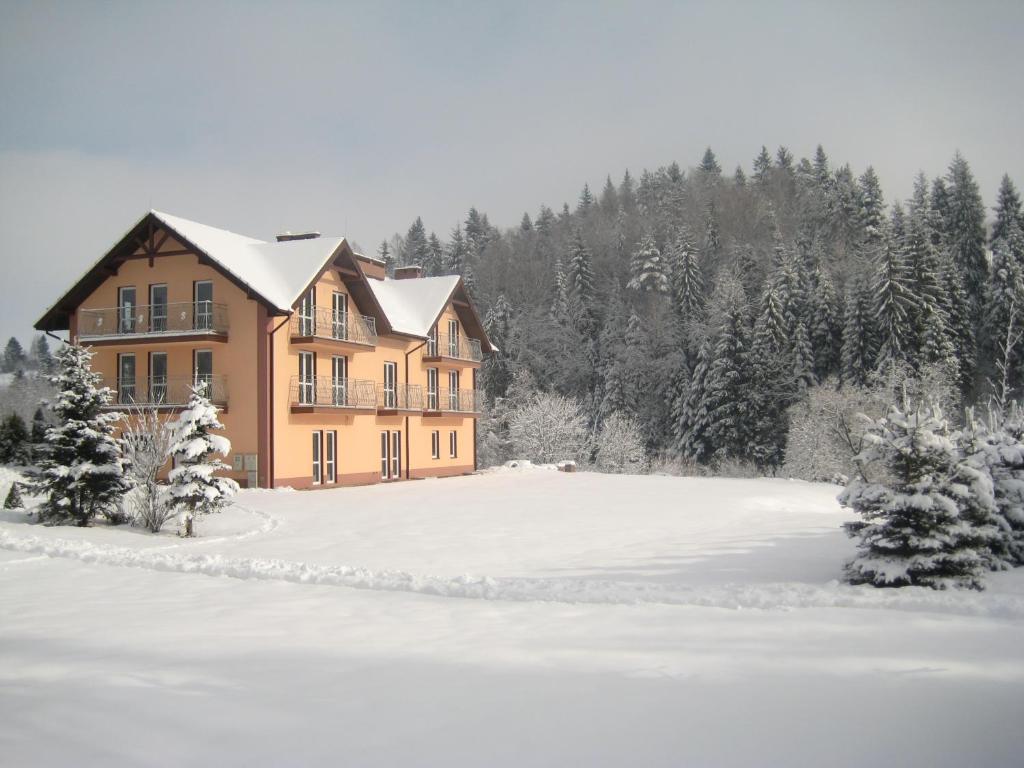 a large house in the snow with snow covered trees at Tylicki Zdrój in Tylicz