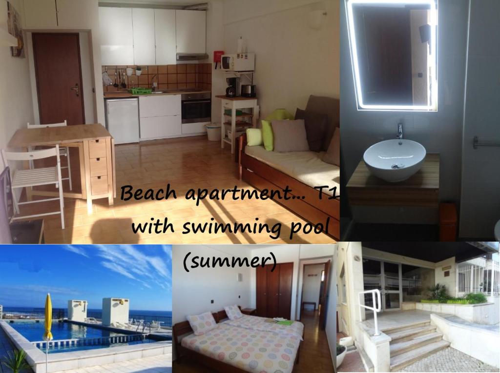 een collage van foto's van een keuken en een woonkamer bij Beach apartment... T1 with swimming pool (summer) in Costa da Caparica