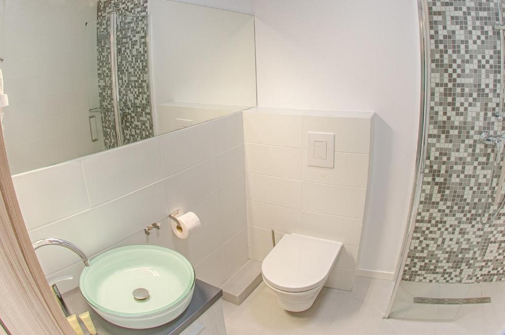 Compact bathroom featuring glass vessel sink, wall-mounted toilet, and tiled glass shower enclosure.