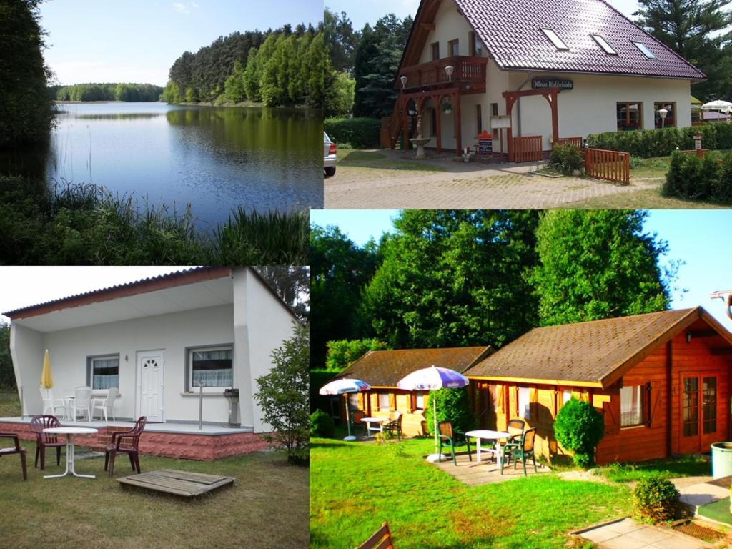 cuatro fotos diferentes de una casa y un lago en Ferienhäuser Waldidyll, en Canow