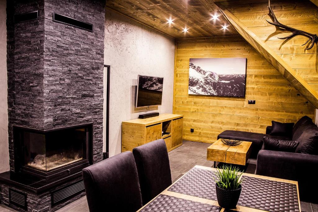 a living room with a fireplace and a couch at Apartament Mountain Chalet in Szczawnica