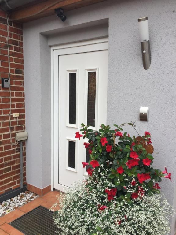 a white door with a bush of red flowers at Haus 32 in Wismar