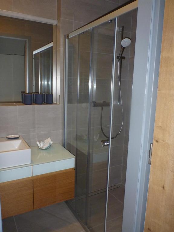 W łazience znajduje się prysznic ze szklanymi drzwiami. w obiekcie Apartmán Jestřáb 5 w Jańskich Łaźniach