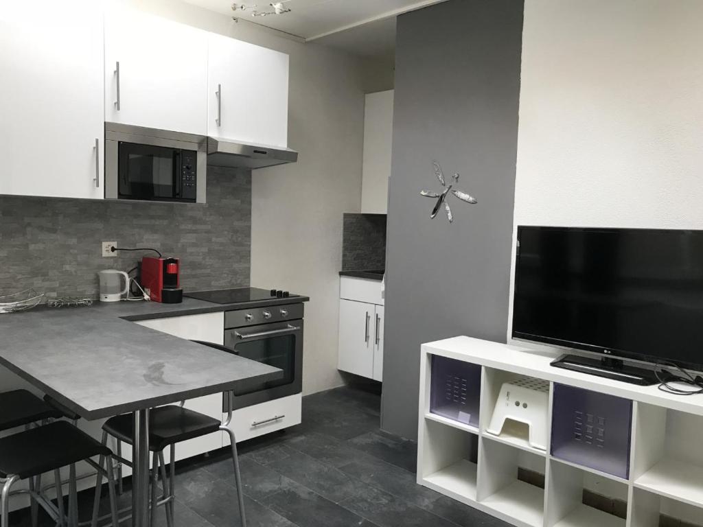 a kitchen with white cabinets and a television on a counter at Pension des Draizes in Neuchâtel