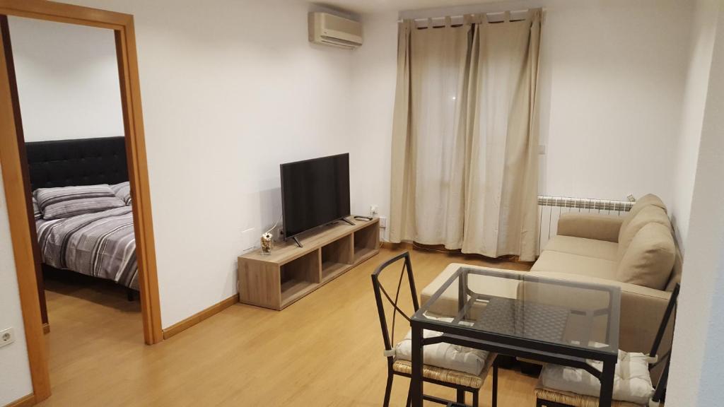 - un salon avec un canapé, une télévision et un miroir dans l'établissement Apartamenticos Boggiero II, à Saragosse