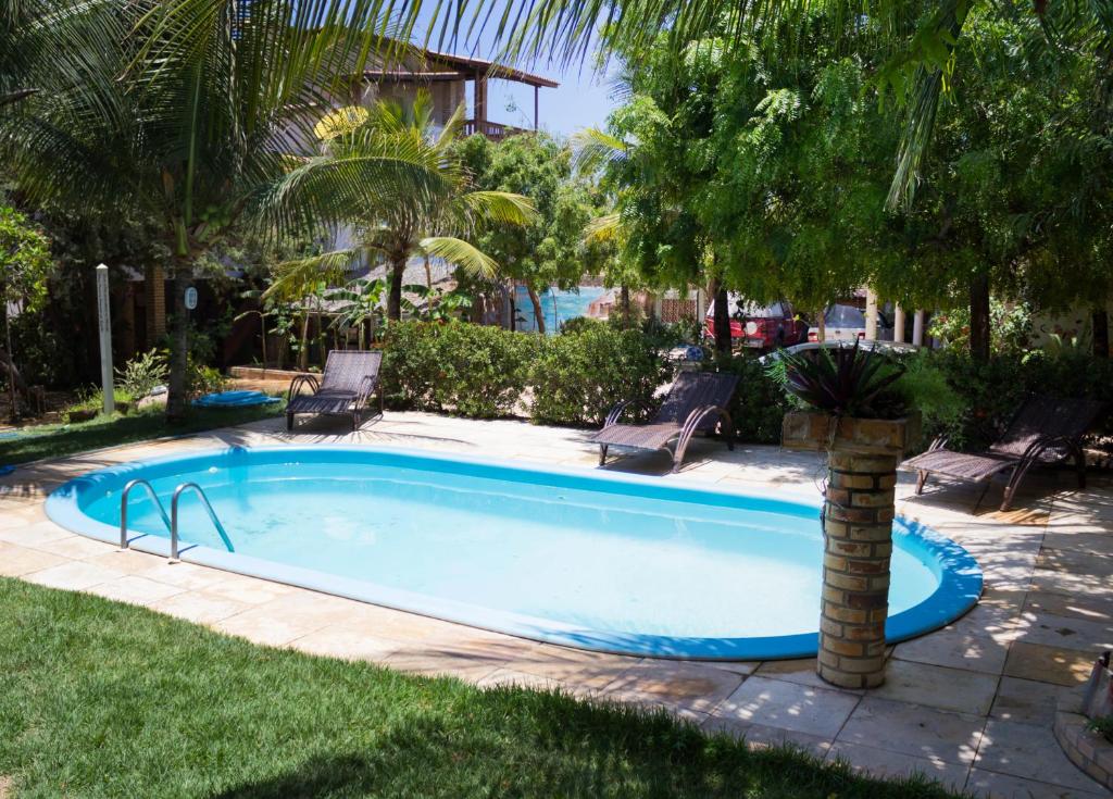 una piscina con una palmera en un patio en Pousada Morada do Sol, en Canoa Quebrada