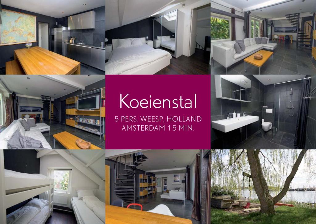 a collage of photos of a bedroom and a house at Koeienstal, Private House with wifi and free parking for 1 car in Weesp