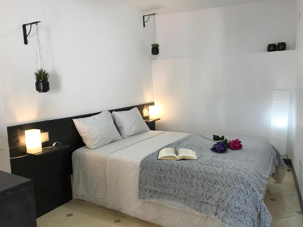 - une chambre avec un lit et 2 livres dans l'établissement Loft Arco del Cristo., à Cáceres