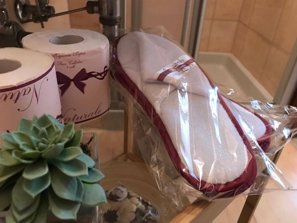 a bag sitting on a table next to a roll of toilet paper at Luxury Venetian Rooms in Venice
