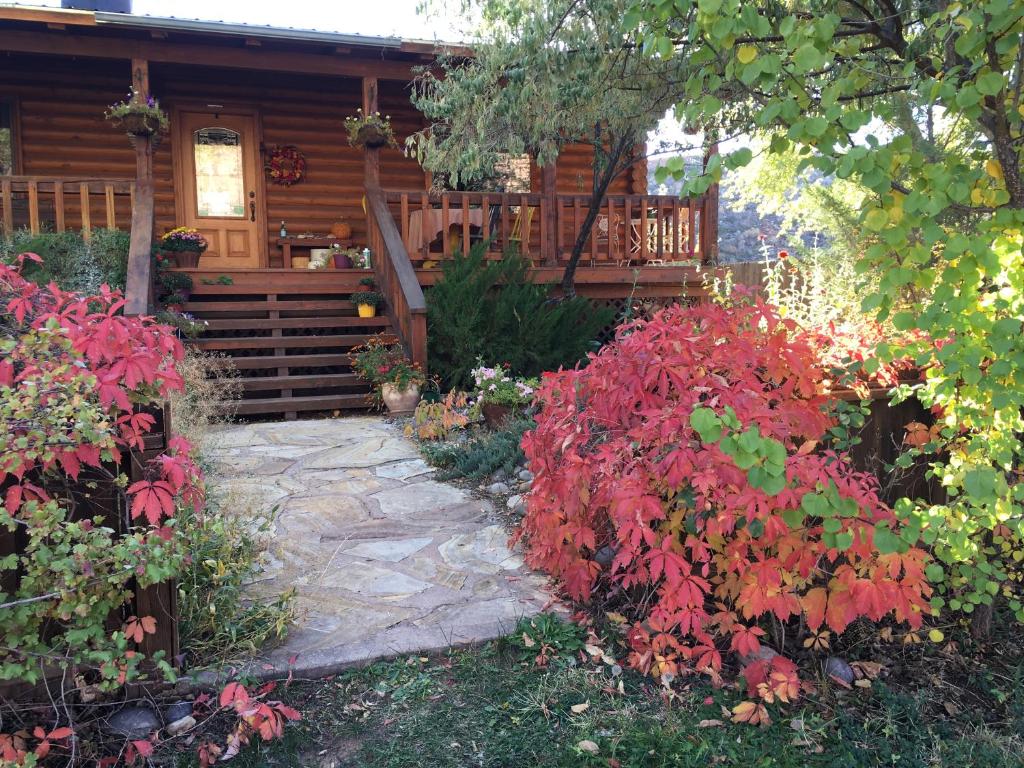 une cabane en rondins avec un chemin en pierre en face de celle-ci dans l'établissement Canyon Wren Bed and Breakfast, à Bluff