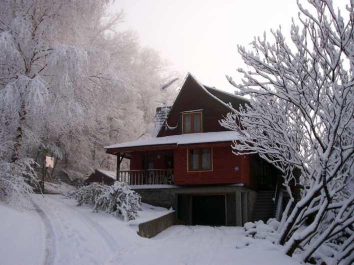 uma casa está coberta de neve com árvores em EkoPens em Radziszów