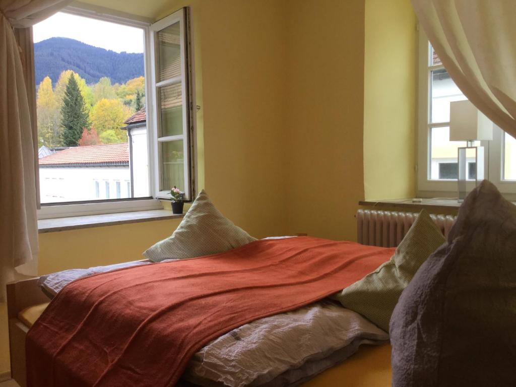 バート・コールグループにあるAm-Berg Ferienwohnung in Bad kohlgrubのベッドルーム1室(ベッド1台、大きな窓付)