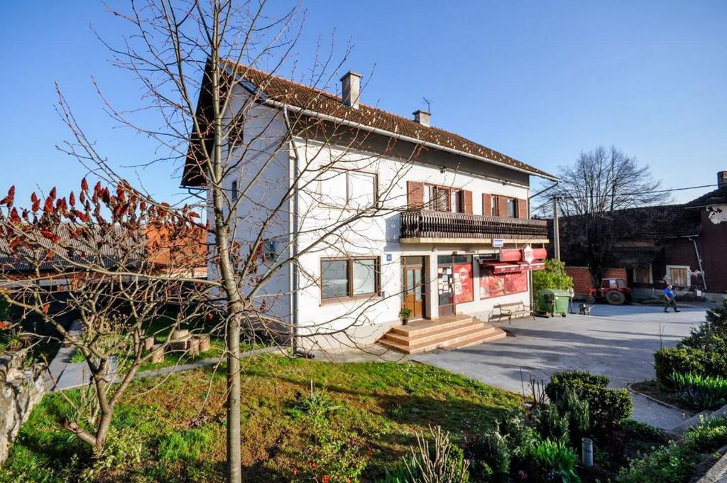 a large white house with a porch and stairs at Room Anton in Rakovica