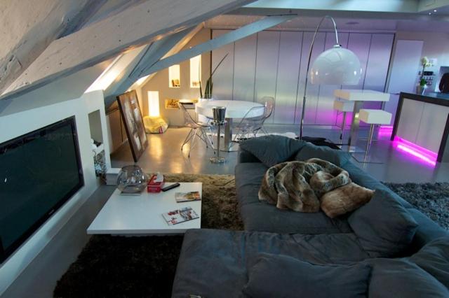 a living room with a couch and a tv at Loft Spa Cathedrale in Colmar