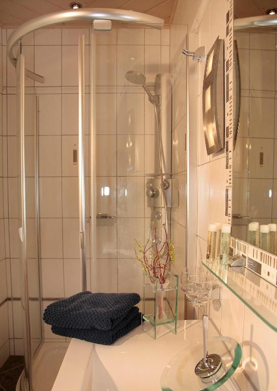 a bathroom with a shower and a sink at Retzerlandhof Familie Graf in Zellerndorf