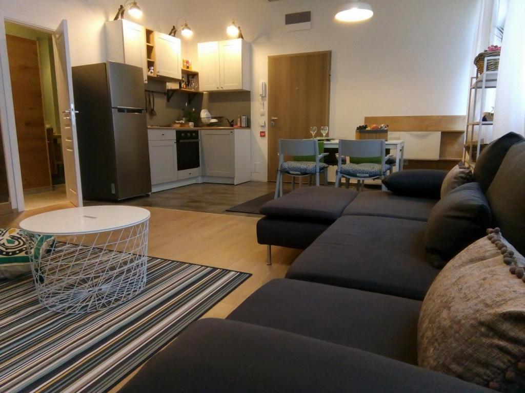 uma sala de estar com um sofá e uma cozinha em Capuccino em Sófia