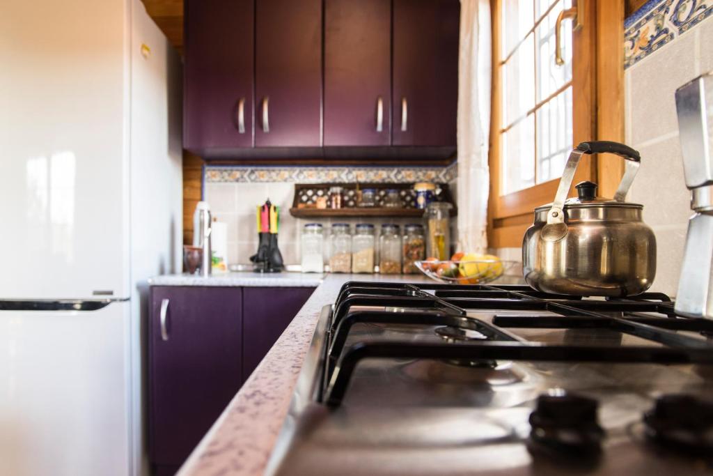 y cocina con fogones y hervidor de agua. en Cabaña de campo, en Agost