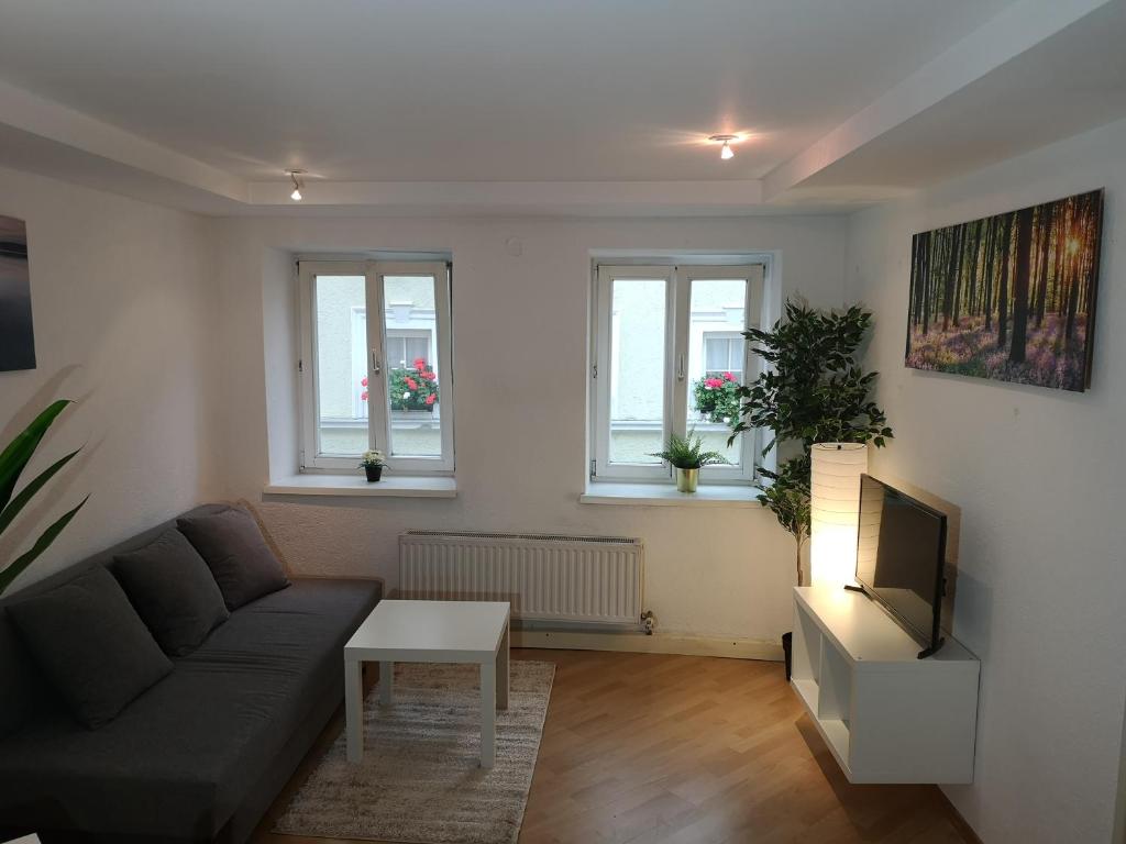 a living room with a couch and a tv at Sankt-Nikolaus Old Town Apartment in Innsbruck