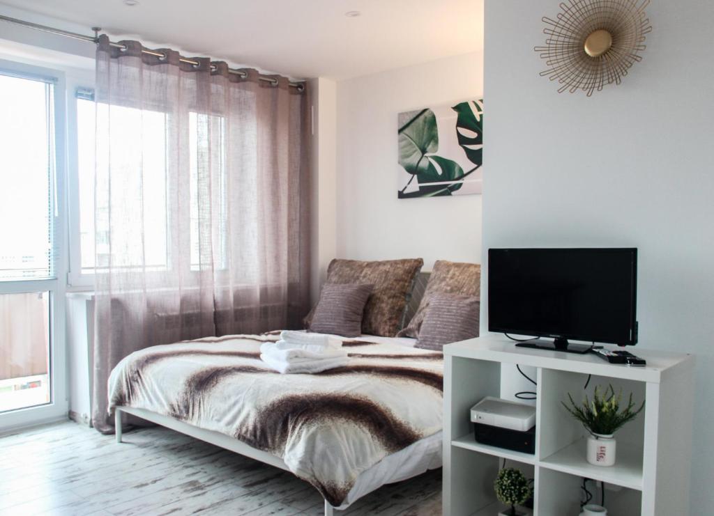 a bedroom with a bed and a television on a shelf at Sunny City Center Apartment in Warsaw