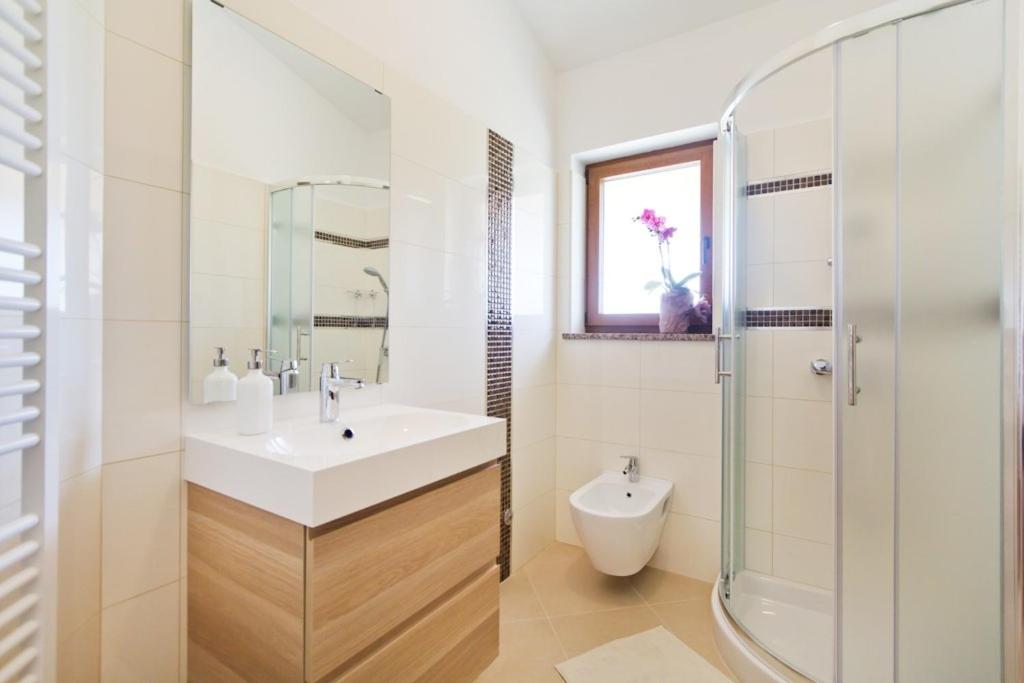 a bathroom with a sink and a shower and a toilet at Villa Mattina in Nedeščina